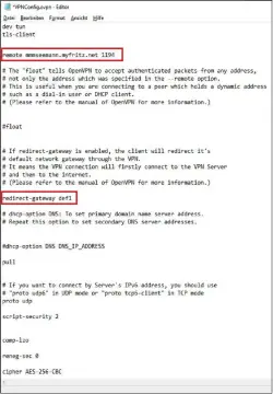  ??  ?? Die beiden markierten Einträge müssen Sie in der Vpnconfig.ovpn vornehmen, damit Sie von Ihrem Client aus eine Open-vpn-verbindung herstellen können.