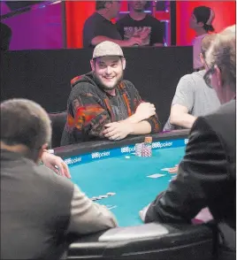  ?? Rachel Aston ?? Las Vegas Review-journal @rookie__rae Profession­al poker player Bryan Piccioli, center, laughs between hands during Day 6 of the World Series of Poker Main Event on Sunday at the Rio.