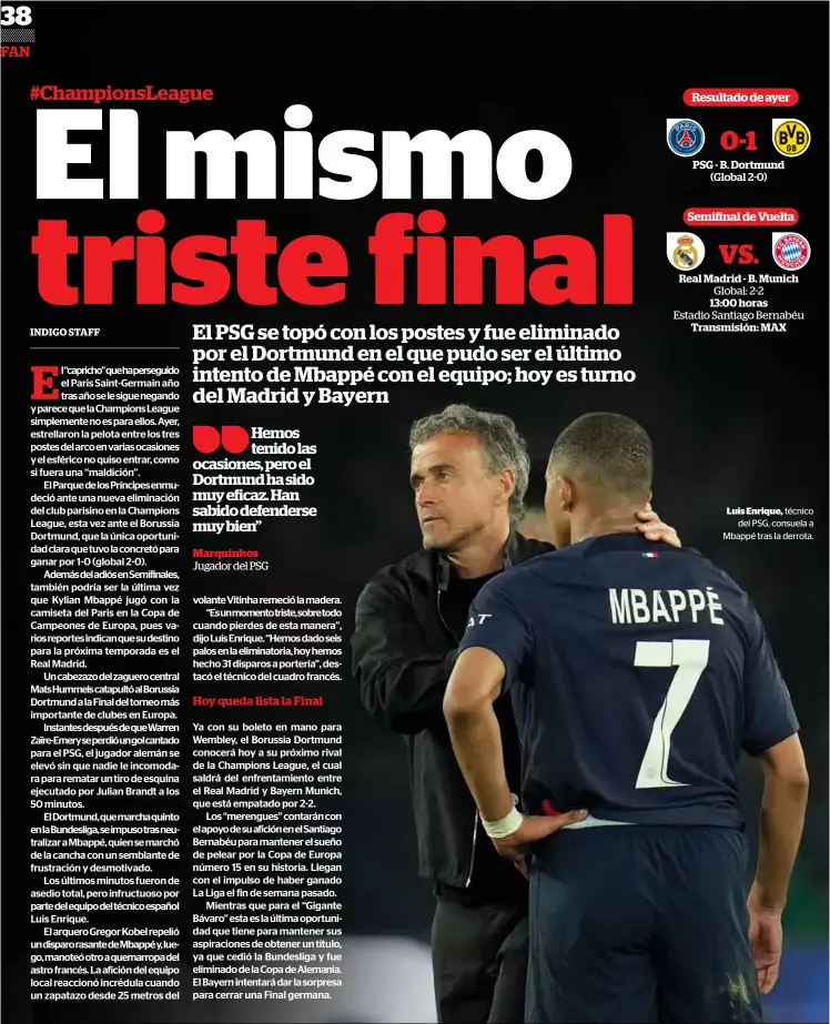  ?? ?? Luis Enrique, técnico del PSG, consuela a Mbappé tras la derrota.
