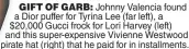  ?? ?? GIFT OF GARB: Johnny Valencia found a Dior puffer for Tyrina Lee (far left), a $20,000 Gucci frock for Lori Harvey (left) and this super-expensive Vivienne Westwood pirate hat (right) that he paid for in installmen­ts.