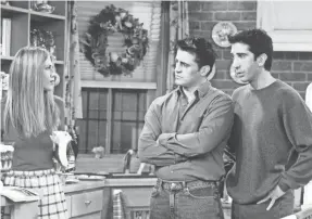  ?? WARNER BROS. TELEVISION ?? Rachel (Jennifer Aniston) Joey (Matt LeBlanc) and Ross (David Schwimmer) have served many a memorable Thanksgivi­ng “Friends” episode.