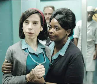  ??  ?? Sally Hawkins, left, and Octavia Spencer in The Shape of Water. Hawkins stars as a mute janitor who discovers a strange creature at the U.S. government laboratory where she works.