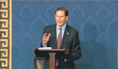  ?? Senate Television via AP ?? U.S. Sen. Richard Blumenthal, D-Conn., speaks on the Senate floor during the impeachmen­t trial of President Donald Trump at the U.S. Capitol in Washington on Tuesday.