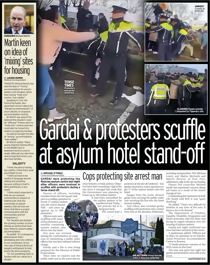  ?? ?? TENSE TIMES Protesters and gardai yesterday
OBJECTIONS Group outside hotel in Roscrea yesterday
UNREST Crowds at hotel site
CLASHES People outside disputed Co Tipperary site