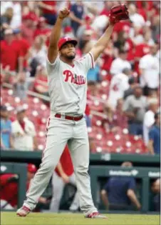  ?? JEFF ROBERSON — THE ASSOCIATED PRESS ?? Phillies relief pitcher Seranthony Dominguez celebrates after getting the Cardinals’ Matt Carpenter to fly out to end the game on Saturday in St. Louis. The Phillies won, 7-6.