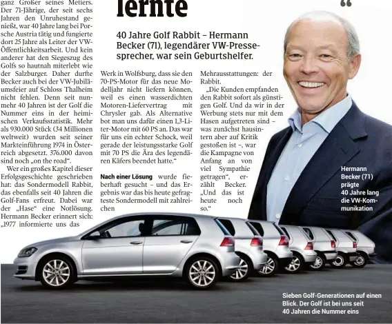  ??  ?? Hermann Becker (71) prägte 40 Jahre lang die VW-Kommunikat­ion Sieben Golf-Generation­en auf einen Blick. Der Golf ist bei uns seit 40 Jahren die Nummer eins