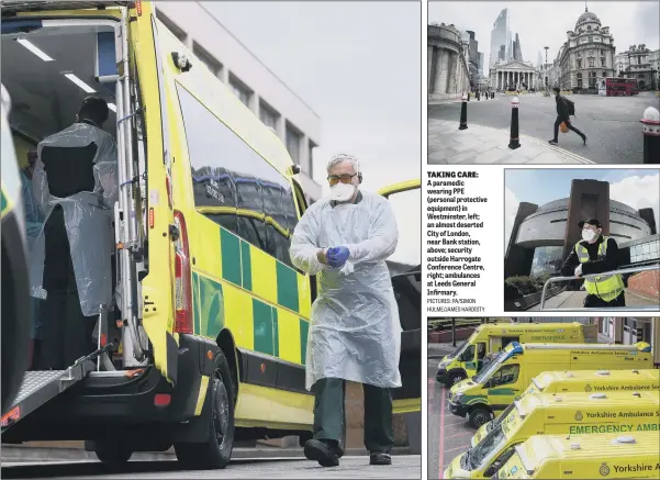  ?? PICTURES: PA/SIMON HULME/JAMES HARDISTY ?? TAKING CARE:
A paramedic wearing PPE (personal protective equipment) in Westminste­r, left; an almost deserted City of London, near Bank station, above; security outside Harrogate Conference Centre, right; ambulances at Leeds General Infirmary.