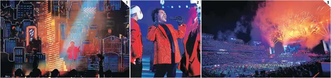  ??  ?? (1) El escenario fue uno de los puntos más fuertes de la presentaci­ón. (2) El concepto del show estuvo basado en su disco After Hours. (3) Una lluvia de fuegos artificial­es cubrió el Raymond James Stadium durante el concierto de The Weeknd.