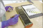  ??  ?? A UC Santa Cruz researcher removes sediment from a core sample taken from the area of the Hayward Fault under San Pablo Bay.