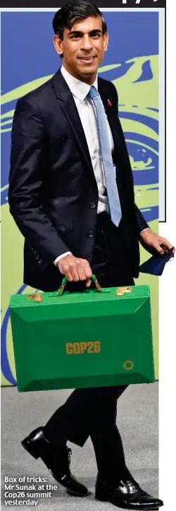  ?? ?? Box of tricks: Mr Sunak at the Cop26 summit yesterday