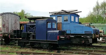  ??  ?? A priority for the Tanfield Railway is covered storage for more of its collection. The completion of the carriage and five-road sheds has been a significan­t help, but it is hoped to construct further accommodat­ion at Marley Hill. Pictured in the open at the yard in May 2018 were Kearsley No. 3, an electric locomotive delivered from Robert Stephenson & Hawthorns in 1944 to Kearsley power station, Manchester, and a tower wagon, which was used to inspect overhead wires on the Harton electric railway at South Shields.