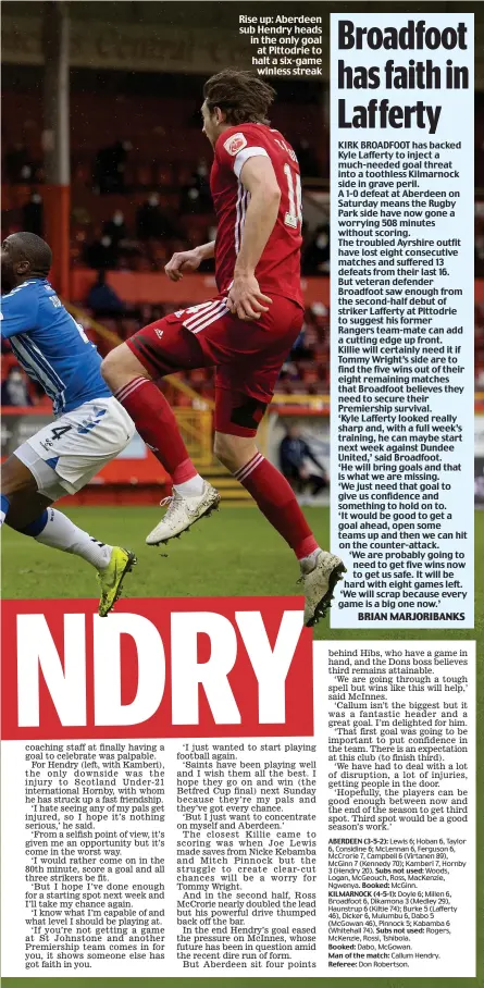  ??  ?? Rise up: Aberdeen sub Hendry heads in the only goal at Pittodrie to halt a six-game winless streak