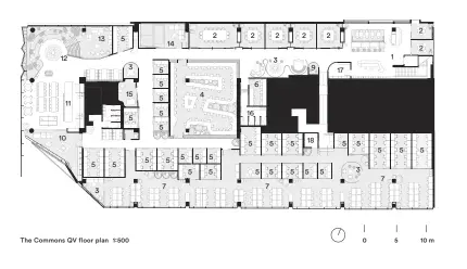  ??  ?? 1 Entry 2 Meeting room 3 Informal meeting 4 Hot desk 5 Private office 6 Head office 7 Open plan 8 Parents room 9 Phone booth 10 Library 11 Kitchen/breakout 12 Amphitheat­re 13 Record lounge 14 Golf simulator 15 Sensory room 16 WC 17 Mail room 18 Server