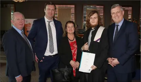  ??  ?? Kevin Lewis (WWETB), Dr Iain Wickham (principal), Breda Cahill, Brendan Cahill-Flynn (Legal Studies) and Conor Dempsey (deputyprin­cipal) at the Enniscorth­y Vocational College PLC Awards in the Riverside Park Hotel.