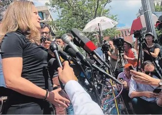  ?? LUIS ALONSO LUGO
THE ASSOCIATED PRESS ?? Foreign Affairs Minister Chrystia Freeland arrives at the United States Trade Representa­tive’s building in Washington for a new round of trade talks on Wednesday.