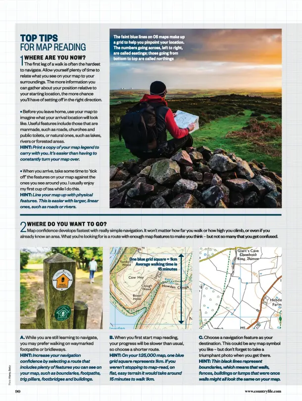  ??  ?? The faint blue lines on OS maps make up a grid to help you pinpoint your location. The numbers going across, left to right, are called eastings; those going from bottom to top are called northings
One blue grid square = 1km Average walking time is 15 minutes