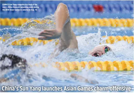  ??  ?? CHINA’S Sun Yang competes in a heat of the men’s 200m freestyle swimming event during the 2018 Asian Games in Jakarta on Aug. 19.