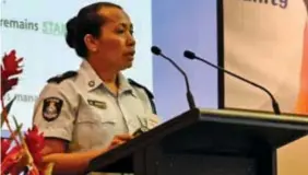  ?? Photo: Police Media Cell ?? Assistant Superinten­dent of Police, Maria Serukalou, making a presentati­on during the Fiji Police Force Outreach Meeting with the Korean Community at the Grand Pacific Hotel in Suva on June 4, 2022.