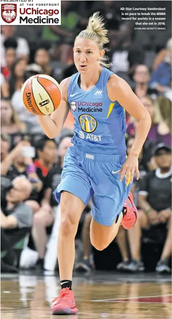  ?? ETHAN MILLER/GETTY IMAGES ?? All-Star Courtney Vandersloo­t is on pace to break the WNBA record for assists in a season
that she set in 2018.