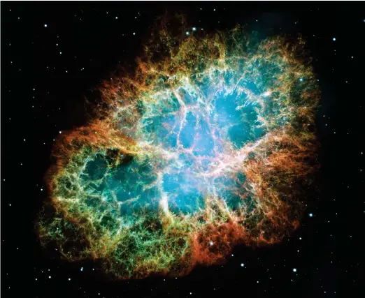  ?? NASA, ESA, J. HESTER AND A. LOLL (ARIZONA STATE UNIVERSITY); NASA, ESA, H. BOND (STSCI), AND M. BARSTOW (UNIVERSITY OF LEICESTER) ?? When stars “die,” they leave one of two objects behind. Massive stars explode as supernovae, creating remnants of gas and dust like the Crab Nebula (M1, above). Sun-like stars do not explode, instead leaving behind their hot, dense cores, called white dwarfs. Sirius B (right, indicated with an arrow) is the white dwarf companion of the bright star Sirius A.