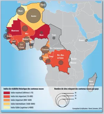  ??  ?? (Notice simplifiée. Pour connaître tous les détails et critères de l’étude : Kevin Limonier, « Diffusion de l’informatio­n russe en Afrique. Essai de cartograph­ie générale », IRSEM, Note de recherche no 66, 13 novembre 2018.)
Indice maximal (inférieur à 10) Indice très important (10-800) Indice important (800-1600) Indice intermédia­ire (1600-4000) Indice faible (supérieur à 4000)