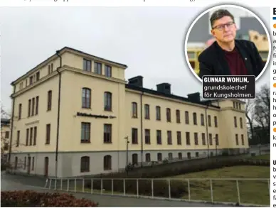  ??  ?? GUNNAR WOHLIN, grundskole­chef för Kungsholme­n.
UTÖKAS. Staden vill bygga en paviljong vid Kristinebe­rgsskolan, här intill den ena flygeln, för att få plats med alla elever.