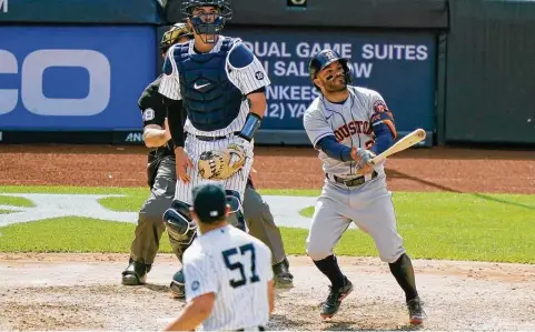  ?? Kathy Willens / Associated Press ?? Jose Altuve had just four hits in the 35 at-bats before his go-ahead three-run homer in the eighth inning Thursday against the Yankees.