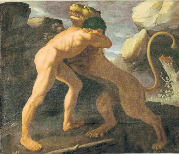  ?? MUSEO DEL PRADO ?? FRANCISCO DE ZURBARÁN: HÉRCULES LUCHA CON EL LEÓN DE NEMEA, 1634 El pintor extremeño pintó una serie sobre los Trabajos de Hércules para el salón de los Reinos, el gran salón de ceremonias y fiestas del palacio del Buen Retiro, para lo cual se basó en...