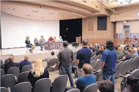  ?? COURTESY OF GANYMEDE ?? Ganymede Games team shares their experience with students and the community in a Doña Ana Community College auditorium. From left are narrative director James Kahn, executive producer Sebastian Cardoso, CEO Jerry Prochazka, COO Lynn Stetson, and art director Chance Rowe.