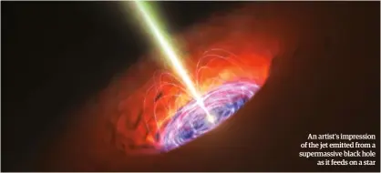  ??  ?? An artist's impression of the jet emitted from a supermassi­ve black hole
as it feeds on a star