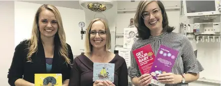  ??  ?? From left, Deanna Ganske, a Stollery Children’s Hospital neonatal intensive care unit (NICU) parent volunteer, Dr. Amber Reichert, a NICU neonatolog­ist and Tamsin Shute, a youth services librarian at Edmonton Public Library, celebrate the expansion of the library’s Welcome Baby program.