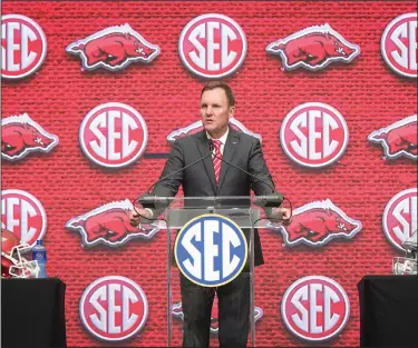  ?? Associated Press ?? Boss Hog: Arkansas head coach Chad Morris speaks during the NCAA college football Southeaste­rn Conference media days at the College Football Hall of Fame in Atlanta on Tuesday.