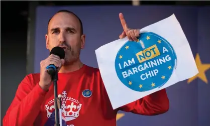  ??  ?? Joan Pons Laplana, who is originally from Spain, addresses pro-EU campaigner­s at the March for Europe. Photograph: Mark Kerrison/ Alamy