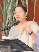  ?? Photo: Ministry of Education ?? Minister for Education Premila Kumar speaking at the Civic Centre in Suva on May 6, 2022 at the 143rd anniversar­y of the arrival of the Girmitiyas.