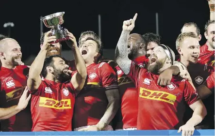  ?? CLAUDE PARIS/THE ASSOCIATED PRESS ?? Canada’s rugby team celebrates a 27-10 victory over Hong Kong in Friday’s last-chance repechage for the 2019 Rugby World Cup. Canada was the 20th and final team to make the field for the 2019 World Cup, which will be held next fall in Japan.