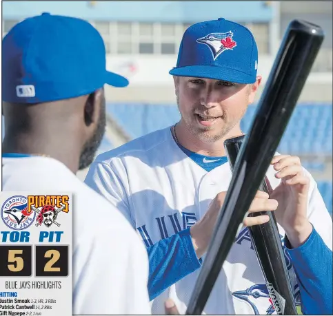  ?? FRANK GUNN/THE CANADIAN PRESS ?? Blue Jays first baseman Justin Smoak (right) discusses baseball bats with outfield prospect Anthony Alford at spring training. Smoak smoked a home run in yesterday’s 5-2 win over the Pittsburgh Pirates, suggesting the sore wrist he’s been dealing with...