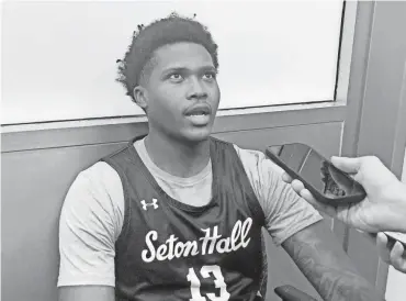  ?? JERRY CARINO ?? Seton Hall guard Jaquan Sanders speaks with reporters during the team’s 2023 media day.