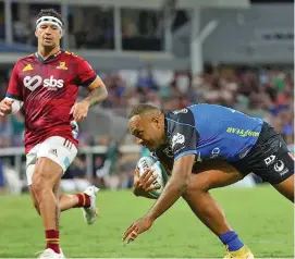  ?? Photo: Rugby.com.au ?? Western Force and Flying Fijians winger Manasa Mataele goes over to score a try against Highlander­s at the HBF Park in Perth, Australia, on April 22, 2023.