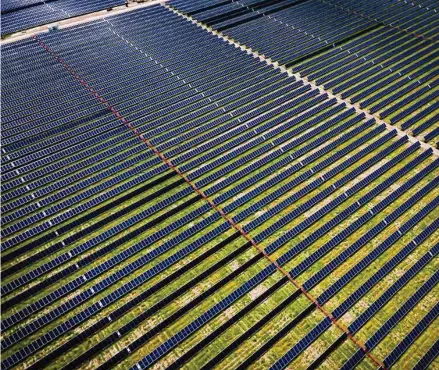  ?? Mark Mulligan/Staff file photo ?? Panels fill fields at a large solar farm south of El Campo. In 2021, the solar energy industry employed 11 percent fewer people, or more than 40,000 workers, than it did five years earlier, according to data compiled by the Energy Department.