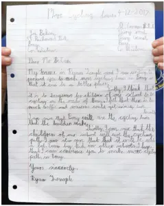  ??  ?? St Cronan’s pupil Ryan Temple’s letter to Cllr Behan.