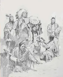  ??  ?? Pencil Drawing, New Compositio­n The artist says, “I realized the group was too frontal looking; I did anther drawing 15-by-11-inch drawing. I turned the group to the right and added another medicine man in the front. It looked better and more solid and completed.”