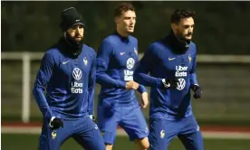  ?? AFP/Getty Images ?? Hugo Lloris (right), being put through his paces at France’s training camp in Clairefont­aine-en-Yvelines, said his side ‘have to show respect’ in Qatar. Photograph: Franck Fife/