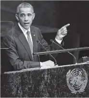  ??  ?? President Barack Obama addresses the 2015 Sustainabl­e Developmen­t Summit on Sunday at United Nations headquarte­rs.