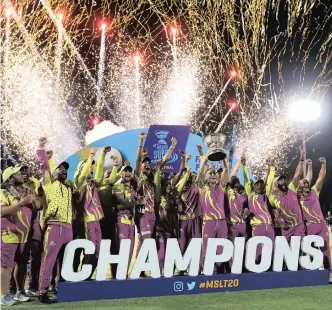  ?? SHAUN ROY
ZAAHIER ADAMS ?? PAARL Rocks celebrate being crowned Mzansi Super League winners at Boland Park. After much speculatio­n it seems as if the MSL will continue next season. | BackpagePi­x