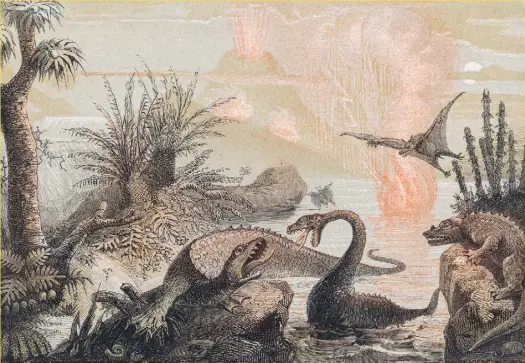  ??  ?? Barney! ‘The Primitive World’ (1857) by AdolpheFra­nçois Pannemaker appears in Paleoart