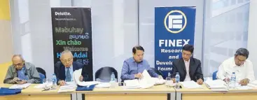  ??  ?? The 2018-2019 Deloitte-FINEX OFE Awards distinguis­hed board of judges (from left) Federico Maramba, Santiago Dumlao Jr., lawyer Fredieric Landicho, Rhoderick Santos and FINEX past president Alfredo Parungao during the one-on-one interview with the OFE finalists