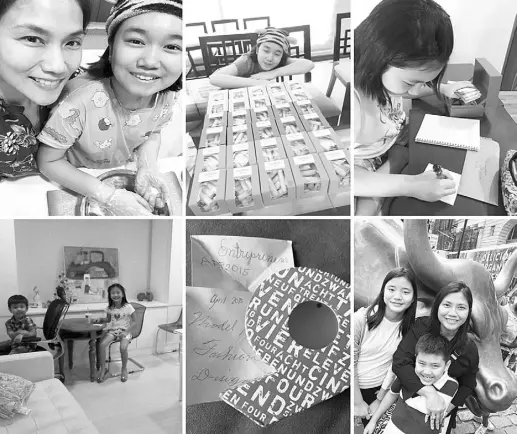  ??  ?? Clockwise: Mommy liz and Aleeza baking pastillas; Aleeza’s products ready for delivery; Aleeza computing her sales and expenses; my kids at a guided walking tour of wall street, New York City, to understand the stock market; Meagan’s 9-year-old dream box to be an entreprene­ur; my kids’ own businessat-play set up of operating an airline