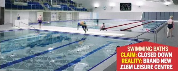  ??  ?? SWIMMING BATHS CLAIM: CLOSED DOWN REALITY: BRAND NEW £16M LEISURE CENTRE