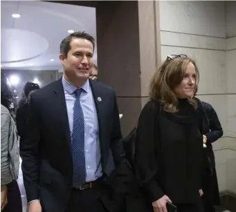  ?? AP ?? COMING UP SHORT: Bay State U.S. Rep. Seth Moulton and New York U.S. Rep. Kathleen Rice arrive for the Democratic Caucus leadership vote yesterday at the Capitol. The two spearheade­d opposition to Nancy Pelosi.