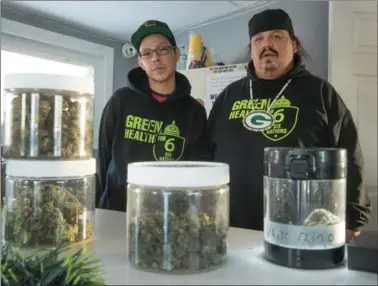  ?? SCOTT GARDNER, THE HAMILTON SPECTATOR ?? Green Health for Six cannabis dispensary owner Jeff Hawk, right, and manager Aaron Sault in their shop on Six Nations. Hawk launched a survey about cannabis use and is seeking more responses to the 2,300 copies already mailed out.